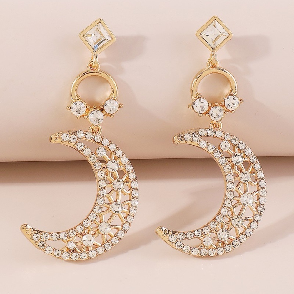 Rhinestone Moon Drop Dangle Gold Earrings- NWT